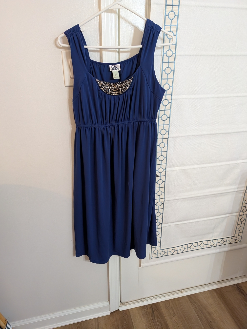Sleeveless Blue Midi Maternity Dress With Rhinestones